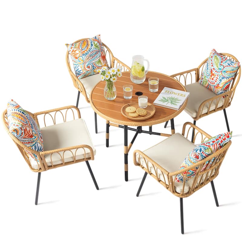 5-Piece Outdoor Patio Dining Round Table Set Included 4 Rattan Chairs with Cushions Seat and Umbrella Hole
