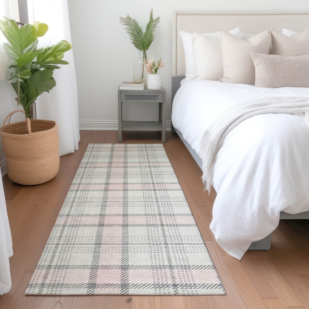 Machine Washable Indoor/ Outdoor Casual Plaid Chantille Rug