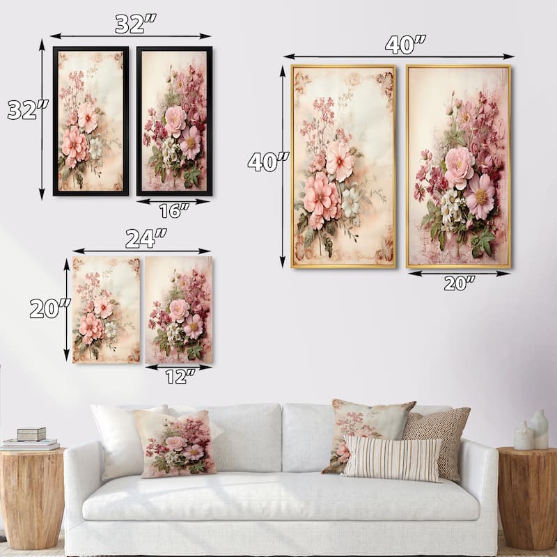Designart "Blossoming Pink Rose Rustic Bouquet I" Rose Wall Art Set of 2 - Traditional Wall Art For Bedroom
