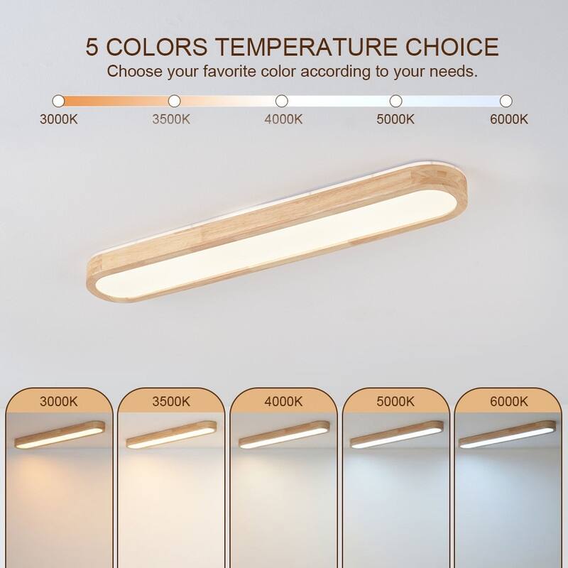 Modern Linear Flush Mount Ceiling Light Matte White Metal with Wood Grain Accent Milky White Diffuser