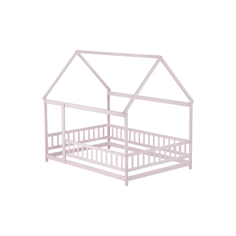 Full Size House Floor Wooden Bed with Roof Frame