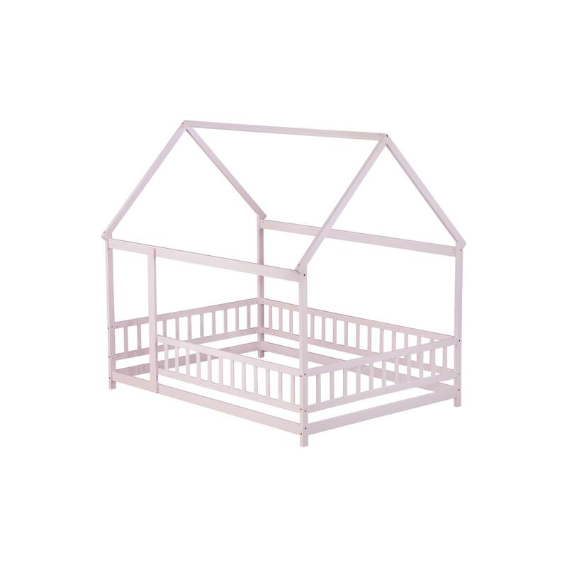House Floor Bed with Roof Frame and Safety Guardrails,Ideal for Creating a Dreamy and Secure Sleeping Space for Kids