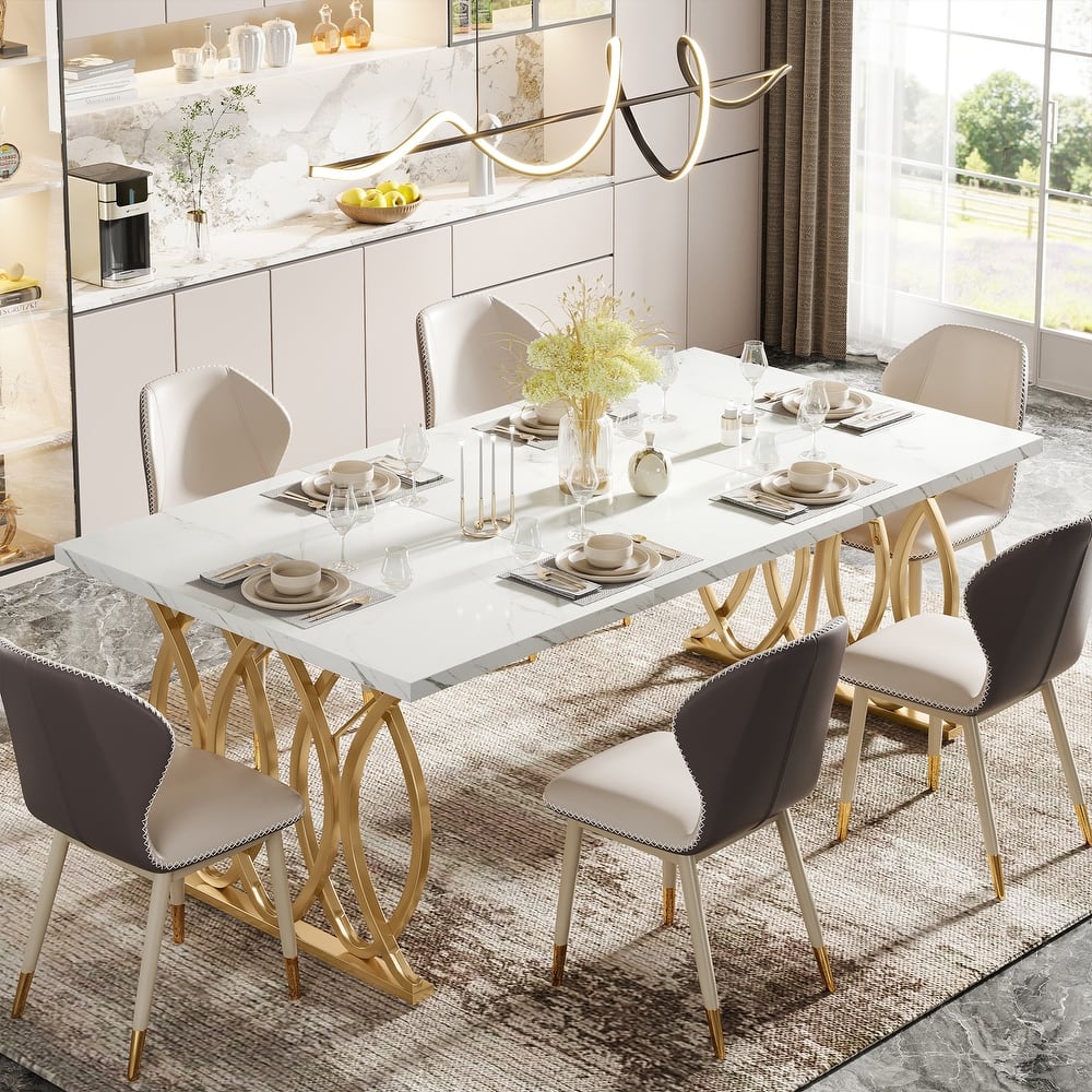 White and Gold Dining Table for 4-6 People, 63" Large Kitchen Table with Faux Marble Tabletop, Modern Style