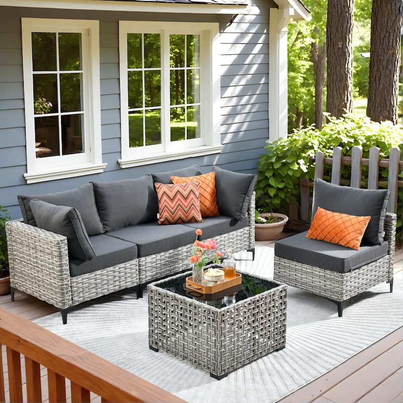 OVIOS 5 Pieces Outdoor Wicker Furniture Set With Solar-Powered Coffee Table