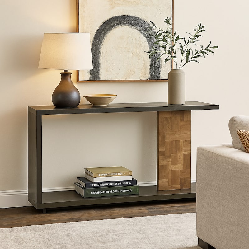 Console Sofa Table, Solid Wood C Shape w Shelf, Black Brown 58 Inch