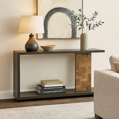 Console Sofa Table, Solid Wood C Shape w Shelf, Black Brown 58 Inch