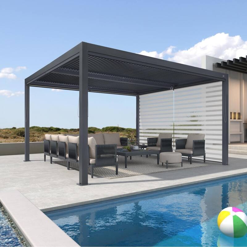 PURPLE LEAF Gray Louvered Pergola Outdoor Aluminum Pergola with Adjustable Roof for Patio Grey Hardtop Gazebo