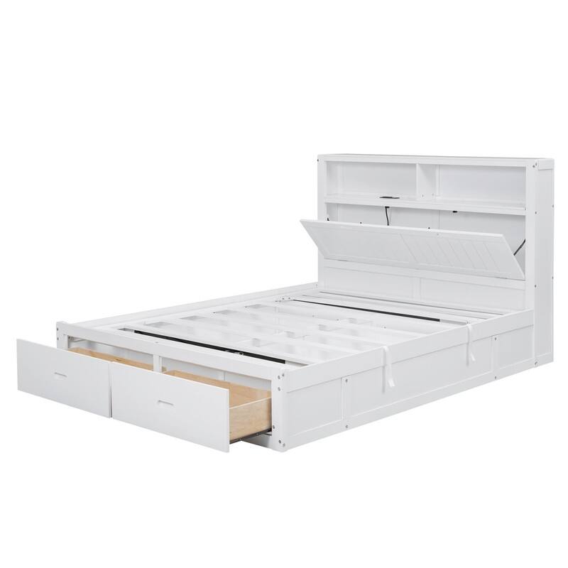 Queen Size Wood Platform Bed with LED Headboard Charging Station 2 Drawers Hydraulic Storage