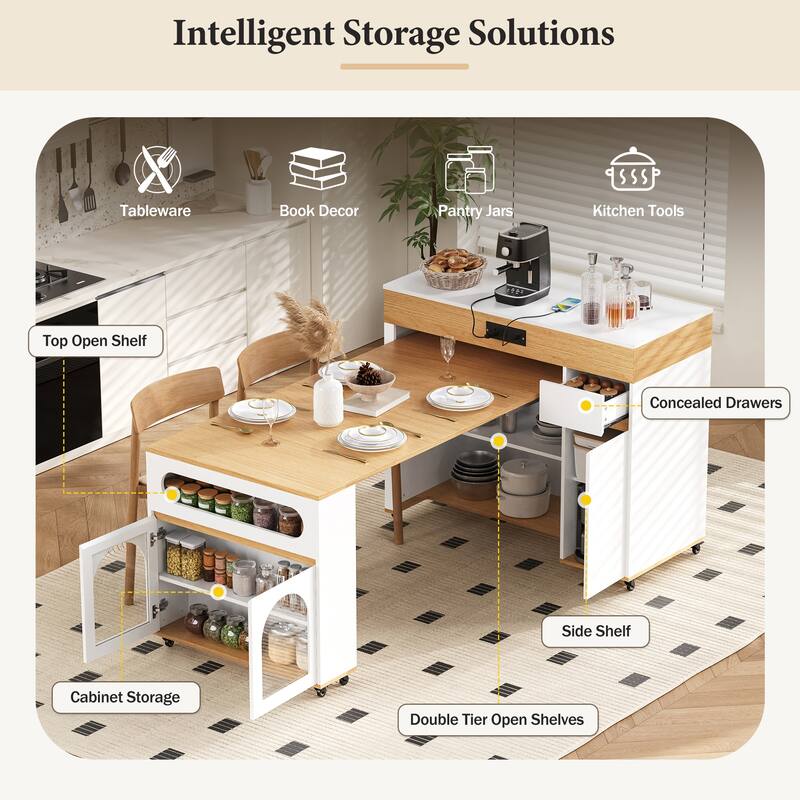 Rolling Kitchen Island with Extendable Table, Drawers, Power Outlet and Brake lock, Storage Cabinet