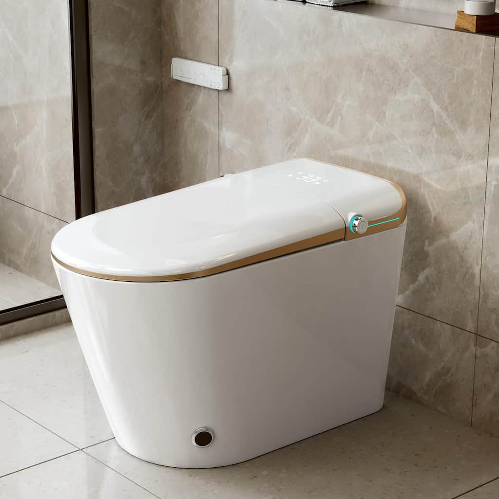 Yulika Elongated Smart Toilet Bidet in Auto Open, Auto Flush Heated Seat and Warm Air Dryer - gold