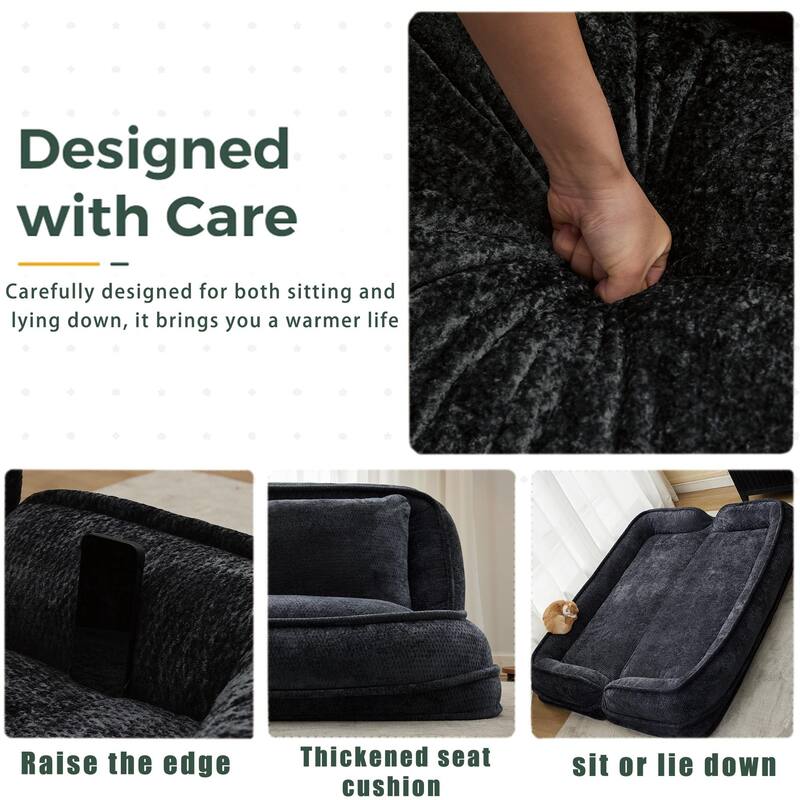 Pet Friendly Lazy Loveseat Sofa 2-in-1 Chenille Floor Couch Double Human Sleeper Bed with 5 Adjustable Position, Plump Pillows