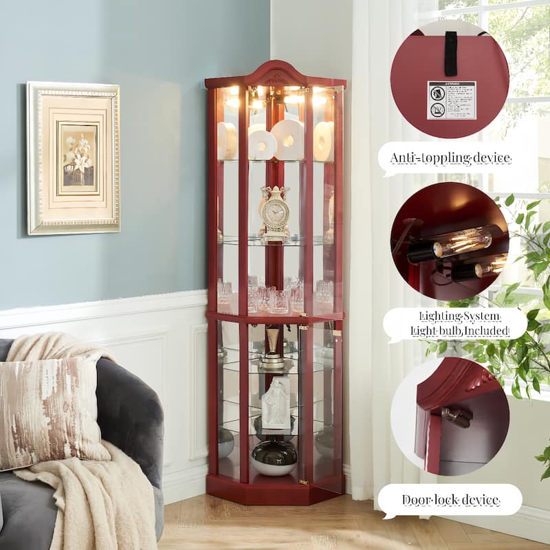 Roomfitters Wooden Corner Display Curio Cabinet, Lighted China Cabinet with Tempered Glass Door