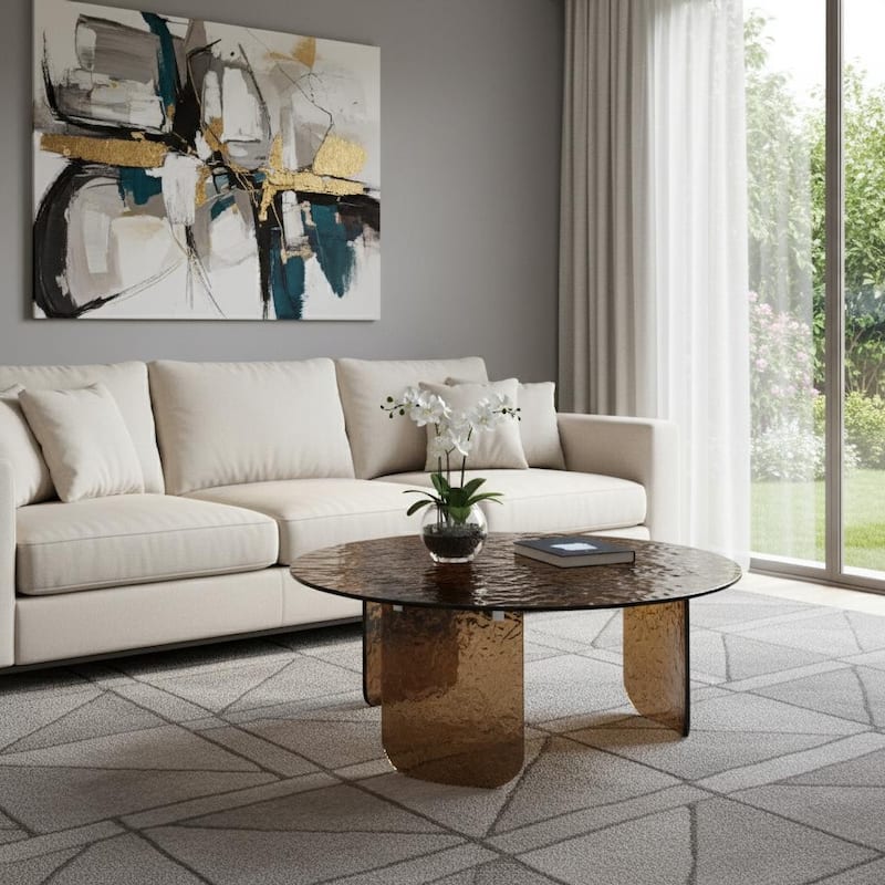 HomeRoots 35" Bronze Glass Round Coffee Table - 35.00 in. x 14.00 in. x 35.00 in. - Bronze