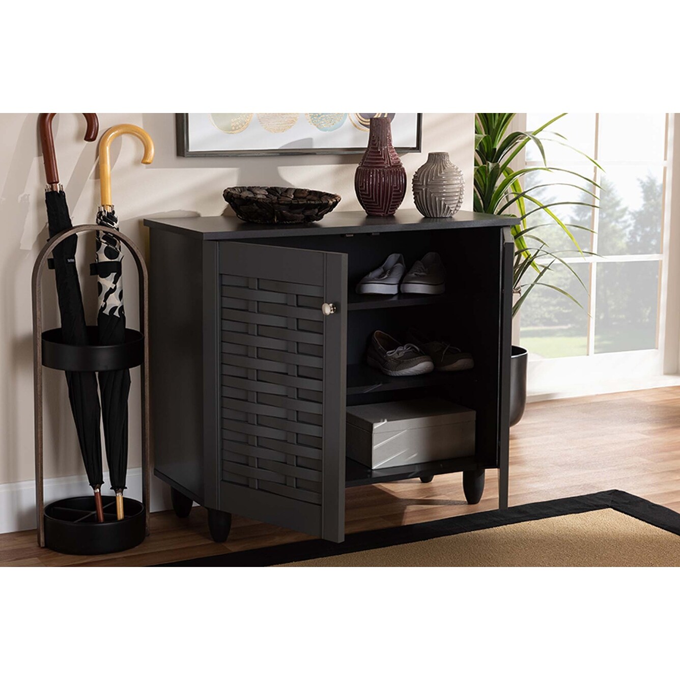 Shop Dariell Dark Gray 2 Door Wooden Entryway Shoe Storage Cabinet Grey Overstock 31490600