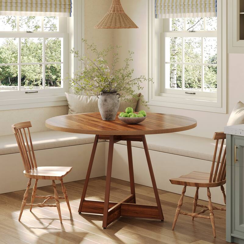 39.4" Round Dining Table for 4, Farmhouse Kitchen Table with Wooden Reinforced Base