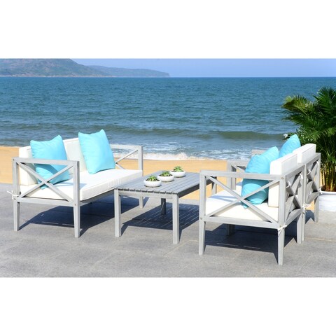 SAFAVIEH Outdoor Living Nunzio Grey Wash/White/Light Blue 4 Pc Set With Accent Pillows