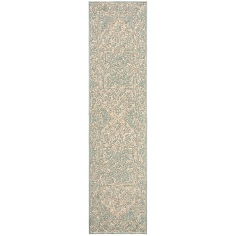 SAFAVIEH Linden Rick Indoor/ Outdoor Waterproof Patio Backyard Rug - 2'2" x 8' Runner - Cream/Aqua