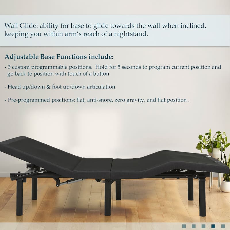 15" Adjustable bed base With Wall hugger Technology, Zero gravity, Head-foot incline, USB port, Massage System, Wireless remote