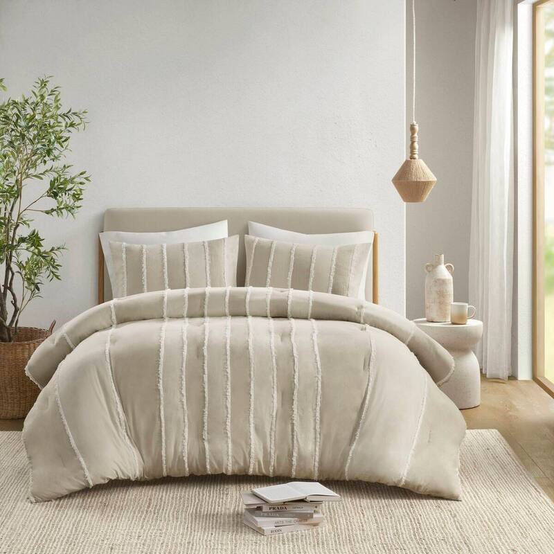 GDF Studio - Marceline Striped Cotton 3-Piece Comforter Set with Clip Jacquard Trim - Taupe (Full/Queen)