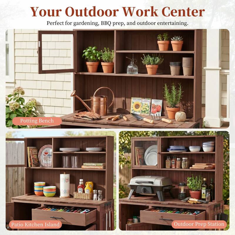 Roomfitters 65" Garden Potting Bench with Storage Hutch, Outdoor Potting Table & Prep Station, Drawer, Cabinet, Shelves