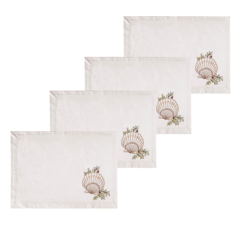 Shells With Holly Single Embroidered Placemat Set of 4 - Set of 4