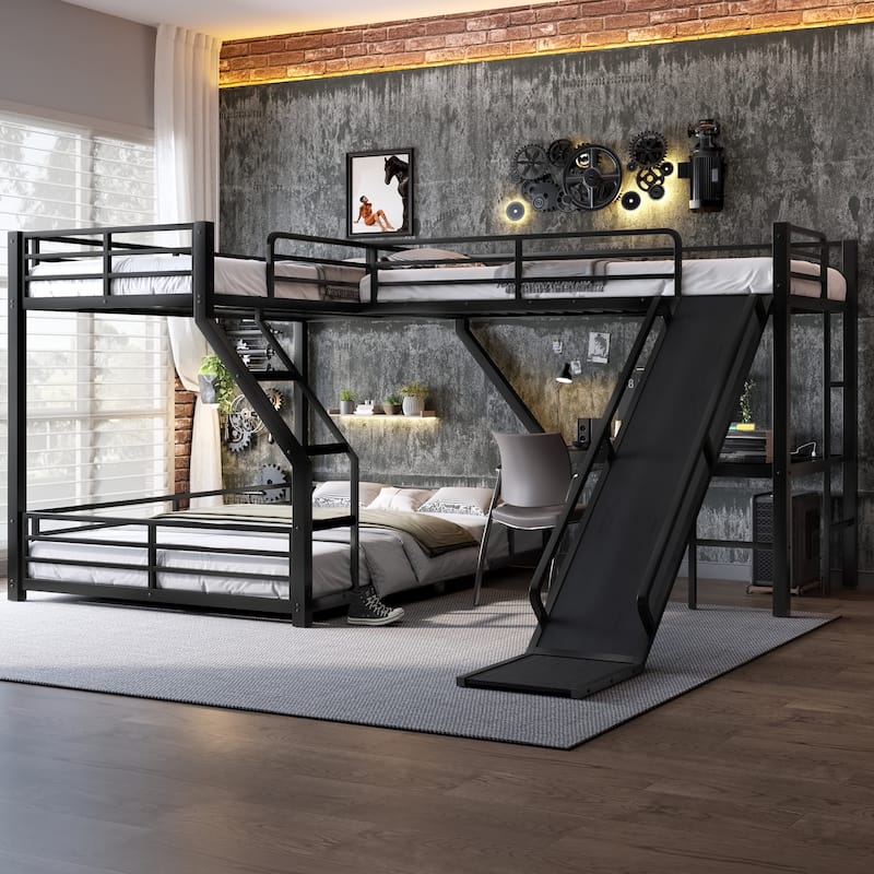 L-shaped Triple Bunk Bed for Esports & Works with Floor Bunk Bed and Loft Bed, Metal Bedframe with Slide and Charging Station