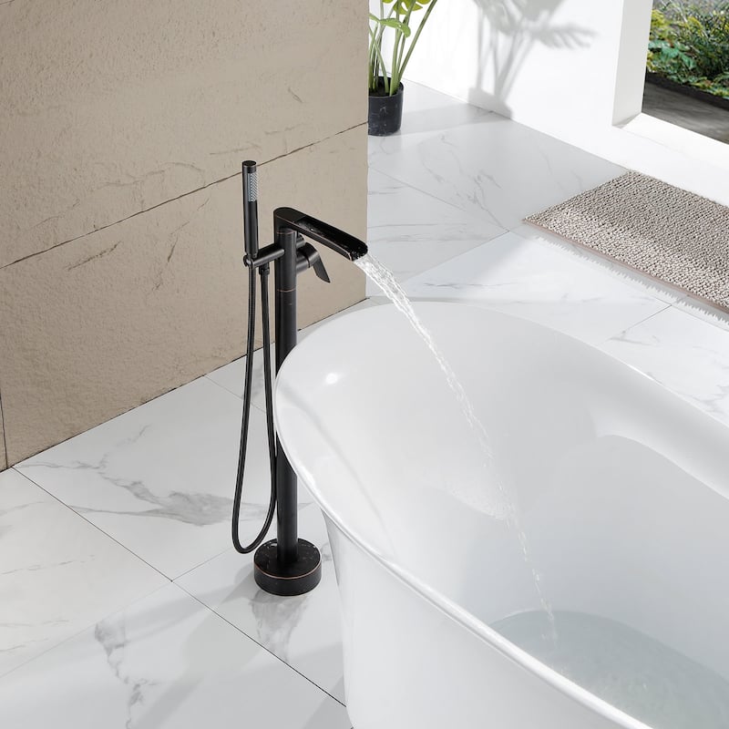 Single Handle Floor Mounted Freestanding Waterfall Tub Filler with Handheld Shower