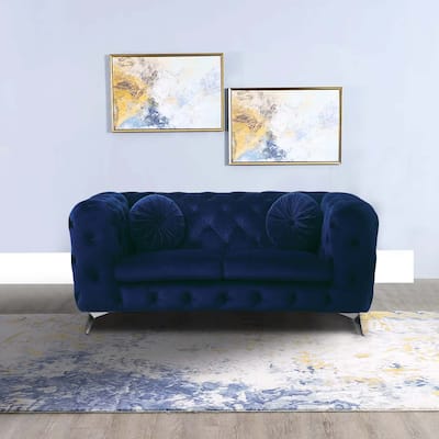 Fabric Loveseat with Chesterfield Design and Angled Metal Legs, Blue