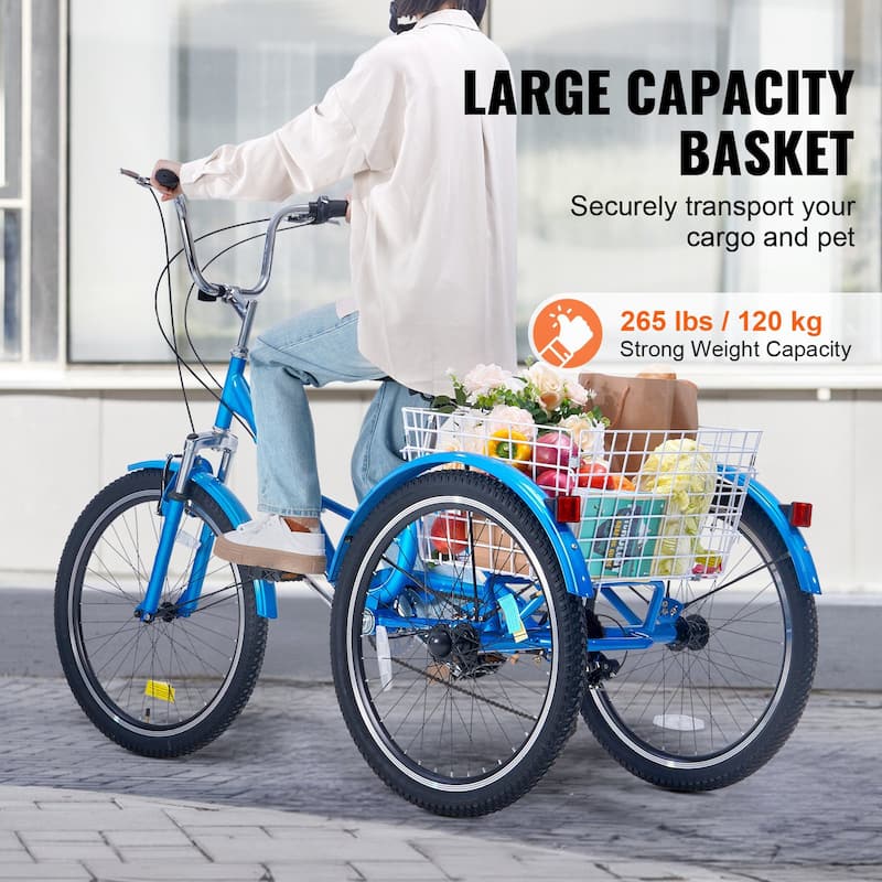 Folding 7-Speed Tricycle for Adults, 24-Inch 3-Wheel Bike with Basket & Adjustable Seat - 70.9 x 29.9 x 45.9 in