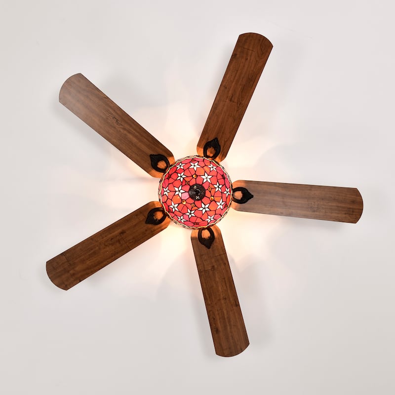 Chergo 52-Inch Flushmount Lighted Ceiling Fan Red Flower Tiffany Glass Lamp Black Finish