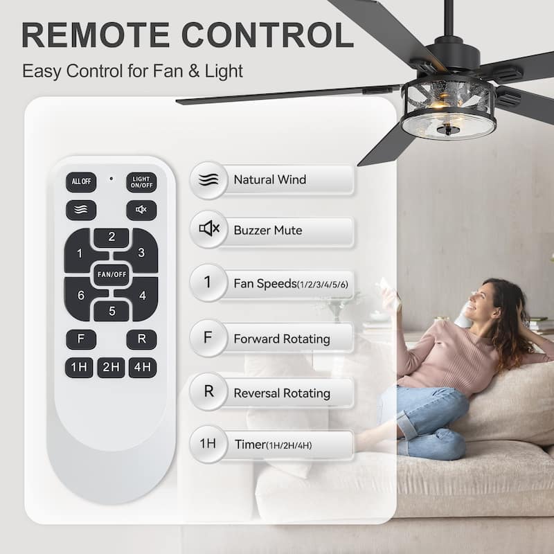 56" Reversible 5-Blade Glass Shade Ceiling Fan Chandelier with Light and Remote