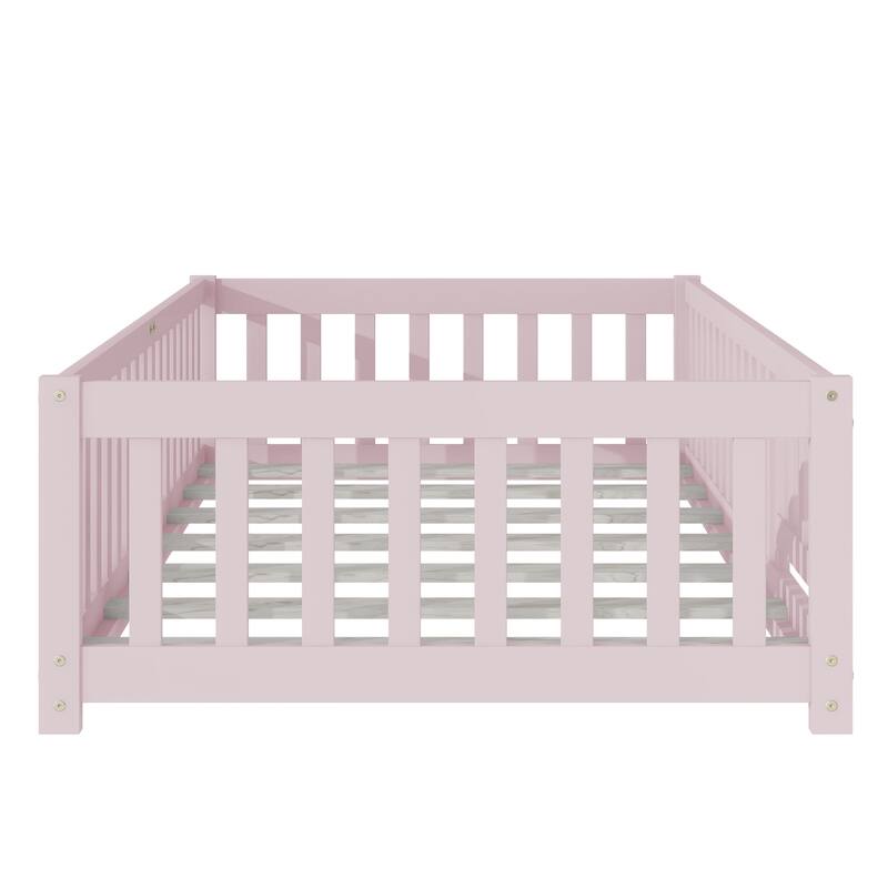 Twin Size Floor Bed with Fence and Door,Rubber Wood Floor Bed with Safety Guardrails,Pink