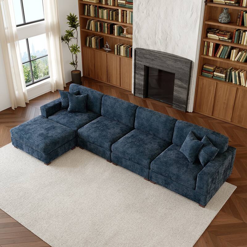 Oversized Chenille Modular Sectional Sofa Living Room Set with Ottoman - Blue/5 Piece