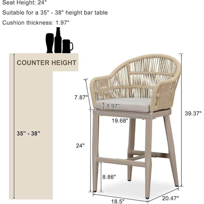 PURPLE LEAF Modern Rattan Bar Stools Set of 2 with Cushion and Back Counter Stools