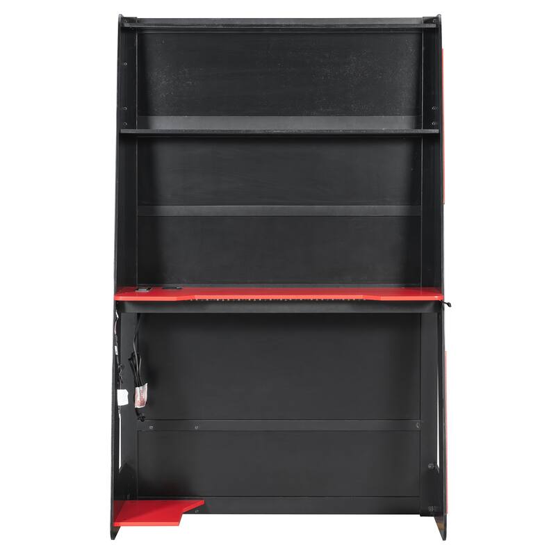 Esports Twin Loft Bed with Desk, Multi-storage Shelves and Light Strip