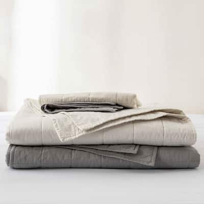 WHOLINENS Box Stitch Stone Washed Linen Blend Quilt & Pillow Shams Set
