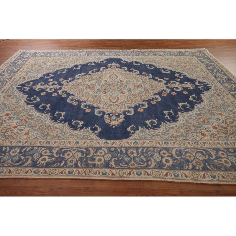 Blue Tabriz Persian Vintage Area Rug Handmade Wool Carpet - 9'9" x 12'9"