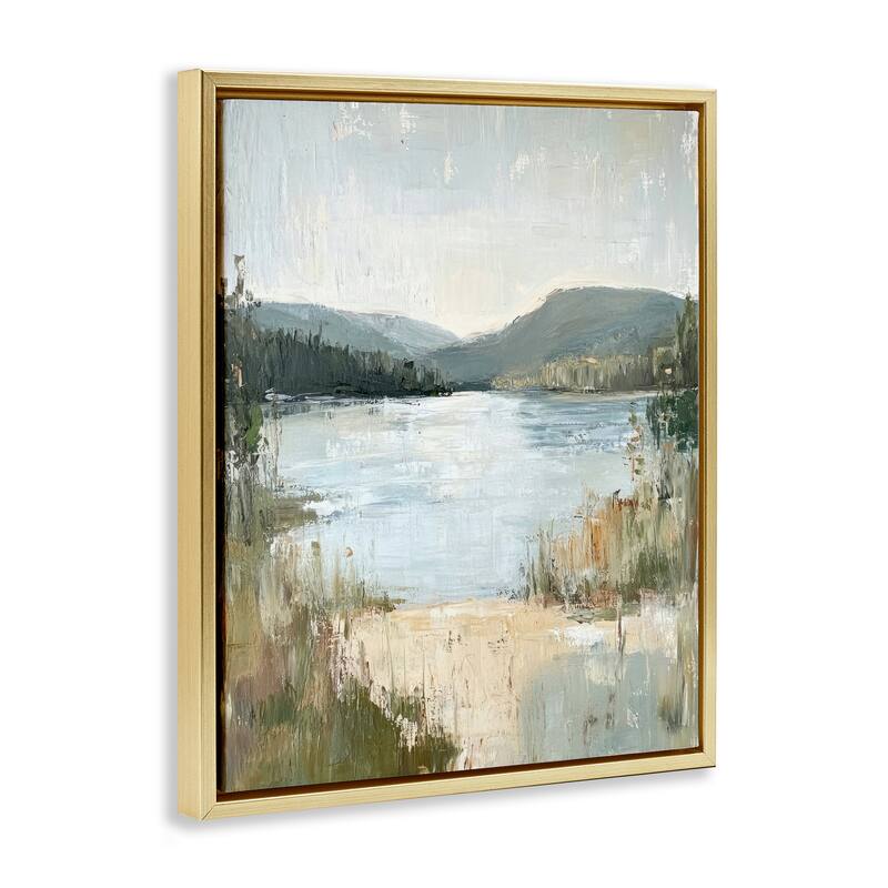 Stupell Abstract Lake Shore & Mountains Framed Floater Canvas Wall Art Design By Petal Prints Design