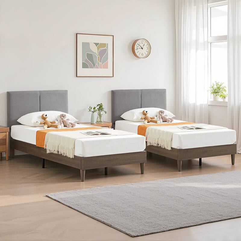 Javlergo Upholstered Platform Bed Frame with 2 USB Charging Station & Adjustable Headboard, Kids Bed Set of 2