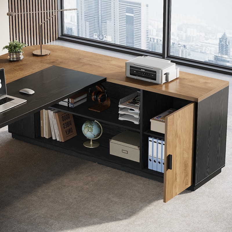 79 Inch Office Executive Desk with File Cabinet, L-Shaped Corner Desk with Storage Shelves for Home Office