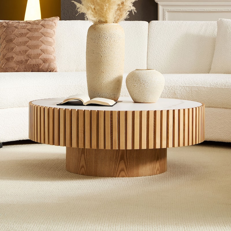 Luxury Round Coffee Table with Faux Marble Top, 35.43" Modern Low Drum Shape Cocktail Table for Living Room, Reception Room