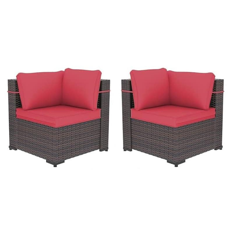 Outdoor Rattan Sectional Sofa Set, Patio Furniture Conversation Set with Fire Pit Table - Set C - Red