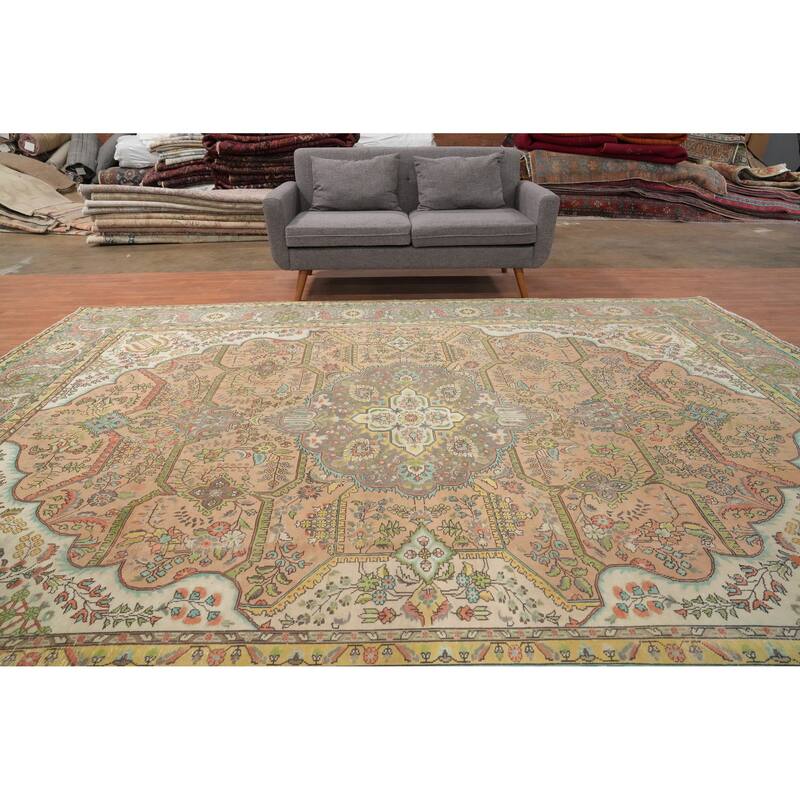 Hand Knotted Oriental 100% Wool Carpet Traditional Floral Peach Tabriz Area Rug - 12' 8'' X 9' 7''