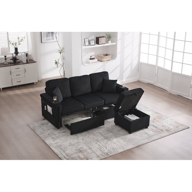 L-Shaped Sectional Sofa with Pull-Out Storage,Ottoman & Pillows 3-Seat with USB Charging,Cup Holder, Convertible Design