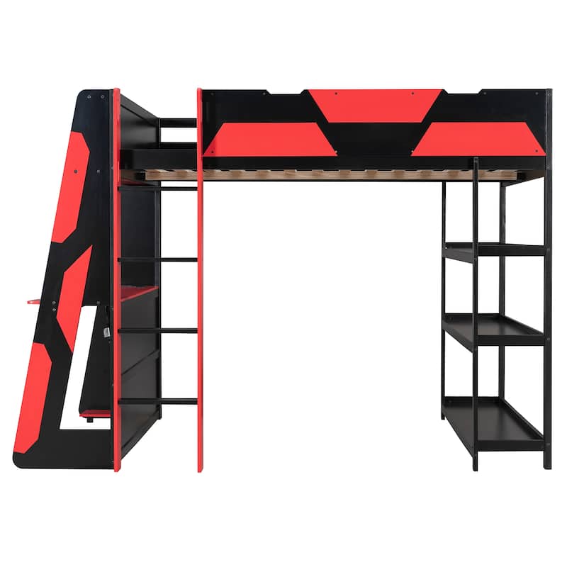Full Size Gaming Loft Bed Station with Desk, Storage Shelves & RGB LED Lights