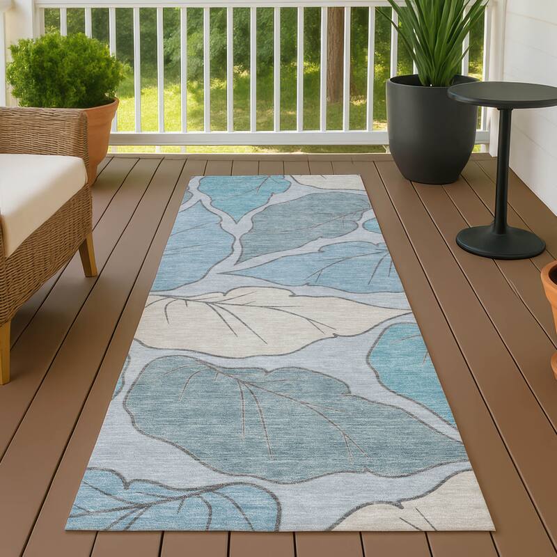 Machine Washable Indoor/ Outdoor Contemporary Floral Chantille Rug - Teal - 2'3" x 7'6"