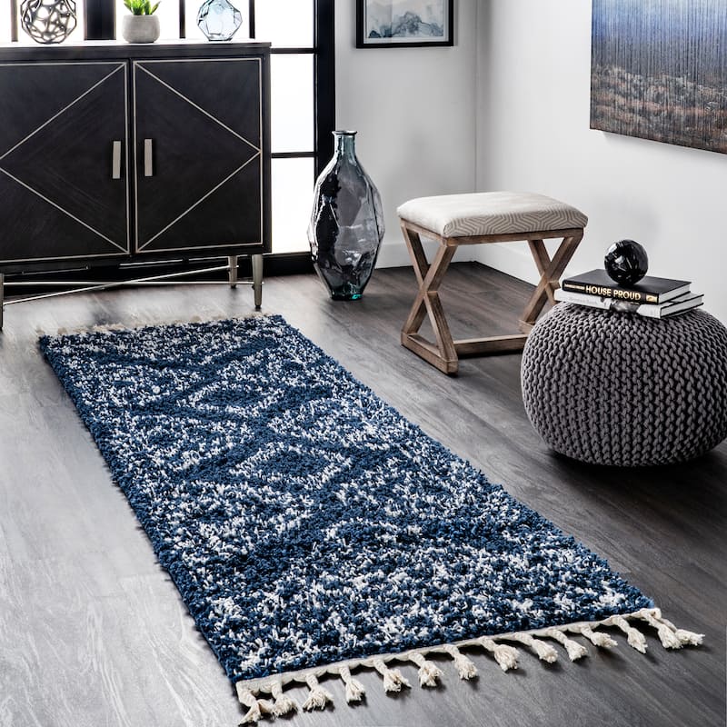 Nuloom Vasiliki Moroccan Shag Tasseled Area Rug - 2'6" x 6' Runner - Blue - Runner
