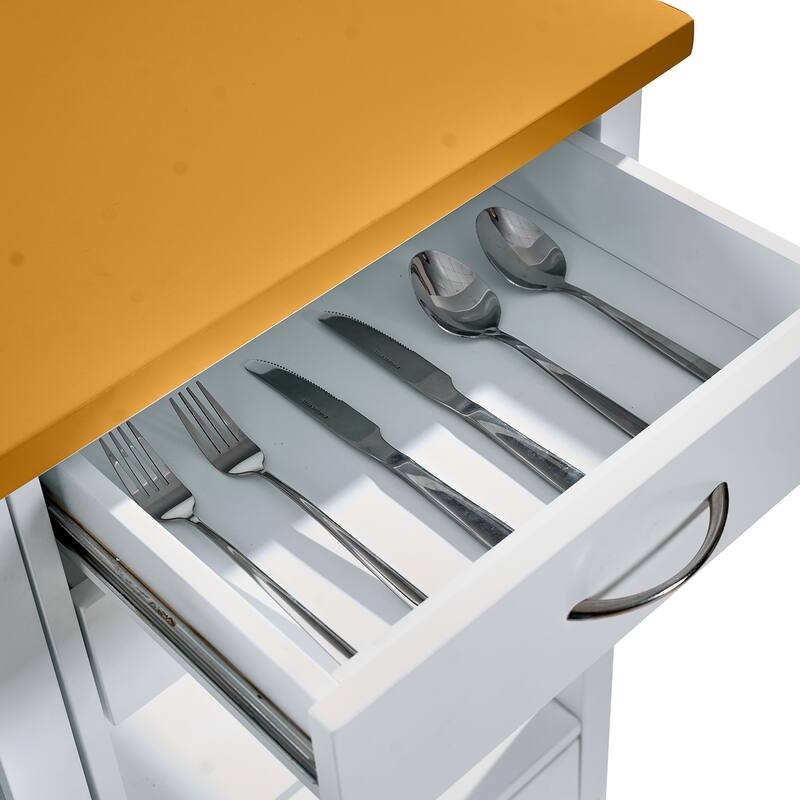 White Kitchen Island Cart – Features Walnut Wood Top, Wheels for Mobility, Storage Drawers & Built-In Towel Bar‌