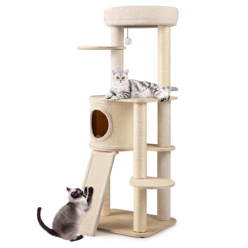 Gymax 56'' Tall Cat Tree Wooden Kitten Tower w/Sisal Scratching Posts - Natural