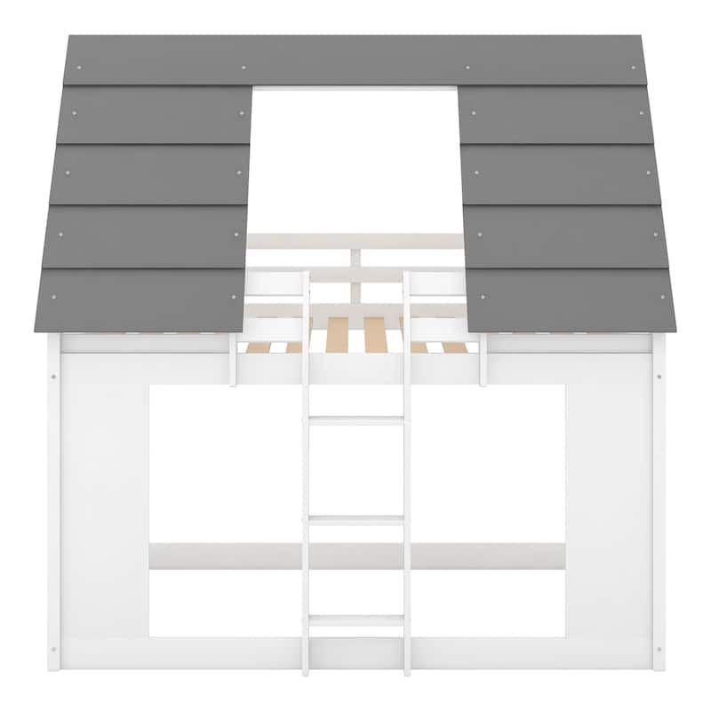 Wood House Bunk Bed with Roof